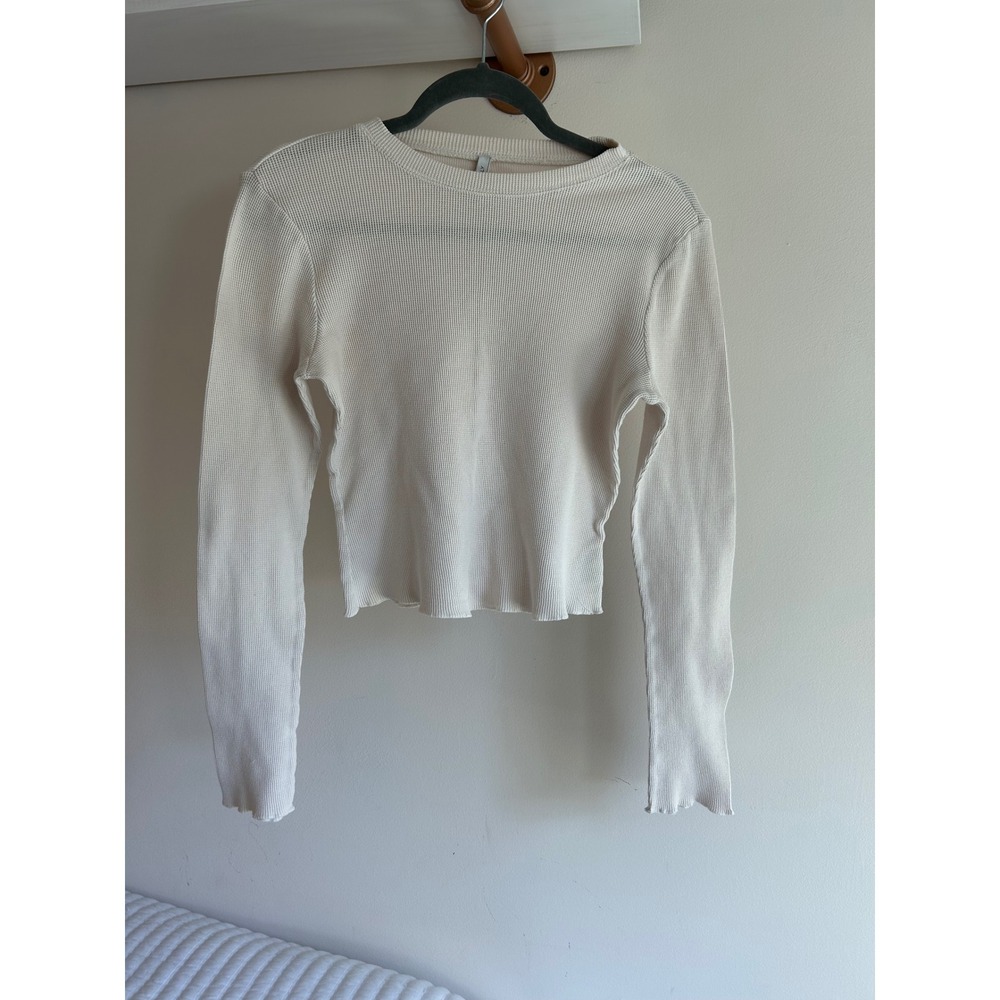 Z Supply‎ Womens Cream Waffle Knit Thermal Long Sleeve Lettuce Edge Top Size M